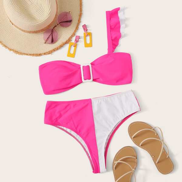 

Neon Pink One Shoulder Bikini Set, Pink bright
