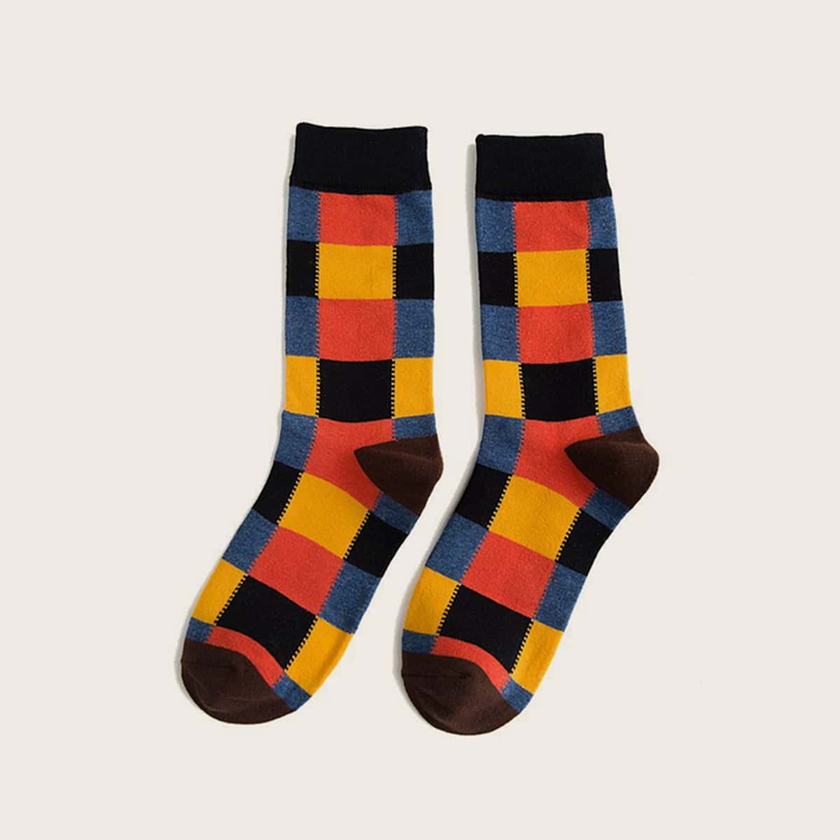 

1pair Guys Color Block Plaid Pattern Socks, Multicolor