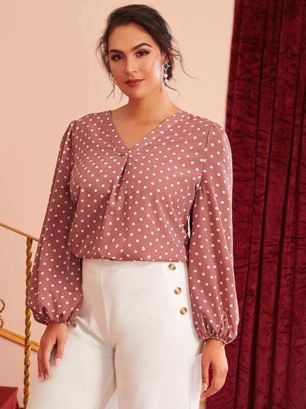 

Plus Pleated Front Lantern Sleeve Polka Dot Top, Pink, Ruiz Brianna