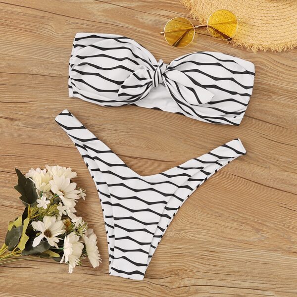 

Striped Knot Front Bandeau Bikini Set, Black and white
