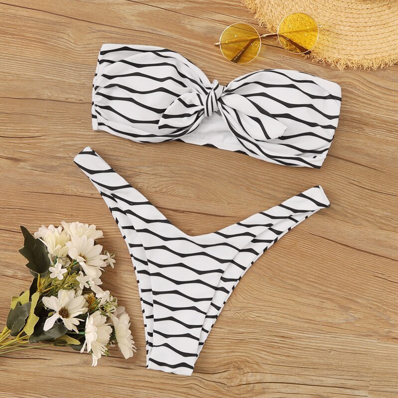 

Striped Knot Front Bandeau Bikini Set, Black and white