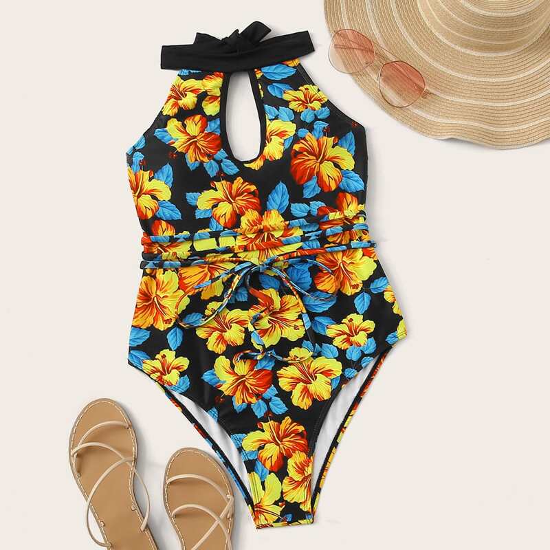 

Floral Print Tie Waist One Piece Swimwear, Multicolor