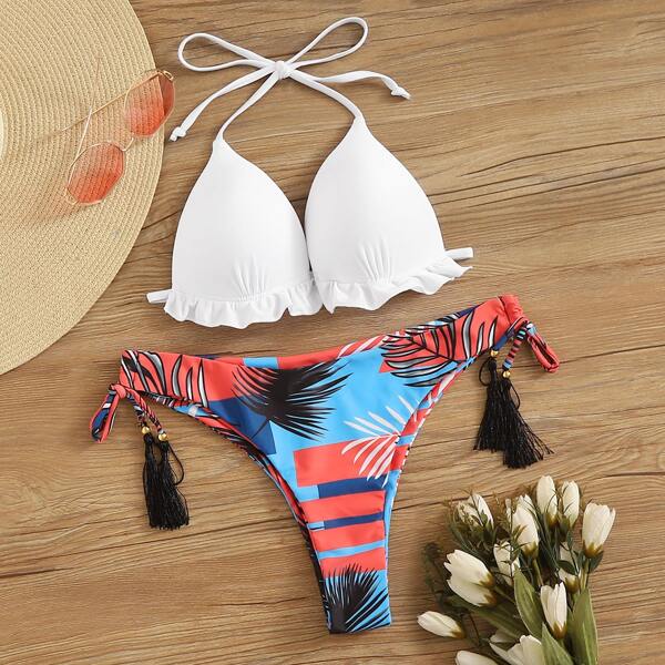 

Ruffle Trim Halter Top With Tropical Bikini Set, Multicolor