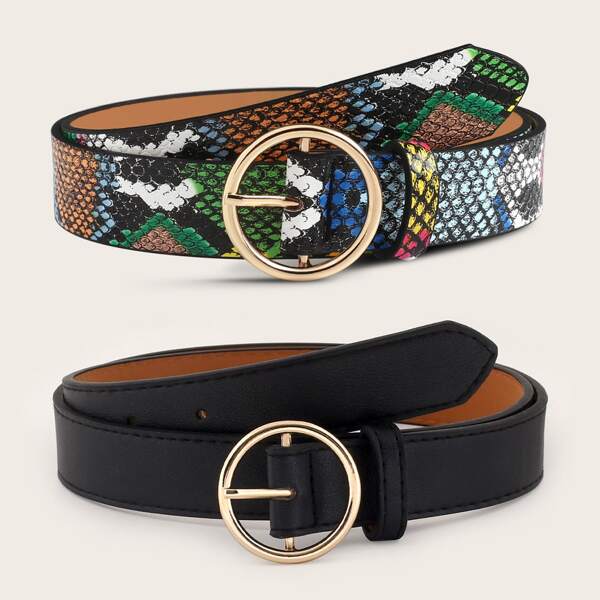 

2pcs Snakeskin Pattern Buckle Belt, Multicolor