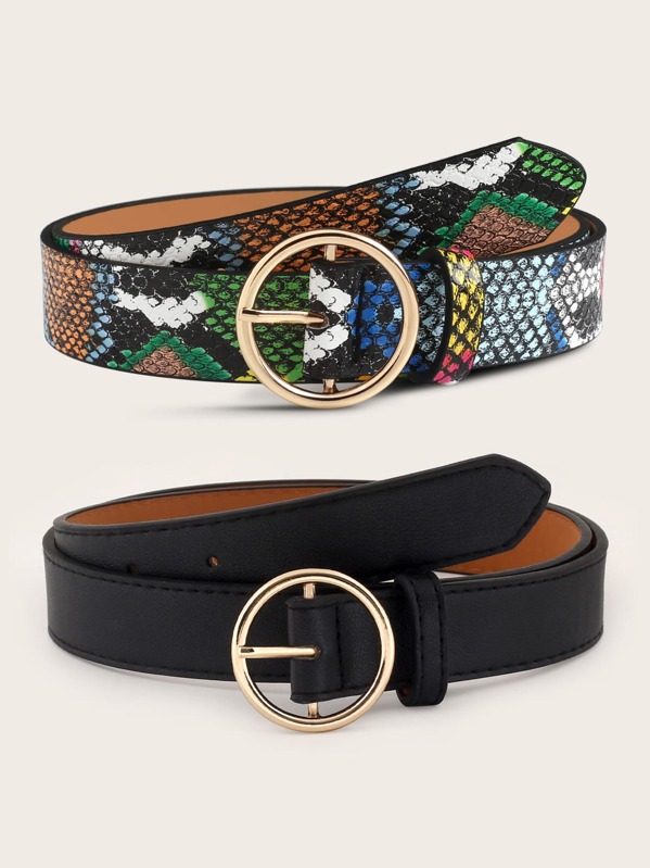 

2pcs Snakeskin Pattern Buckle Belt, Multicolor
