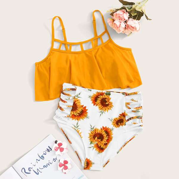 

Flounce Ladder Cut-out Top With Sunflower Print Bikini Set, Multicolor