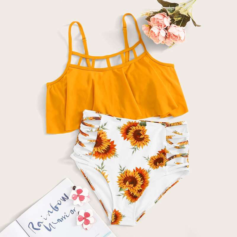 

Flounce Ladder Cut-out Top With Sunflower Print Bikini Set, Multicolor
