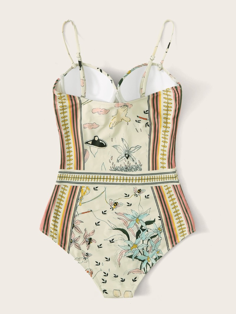 

Floral Print Underwire One Piece Swimwear, Multicolor