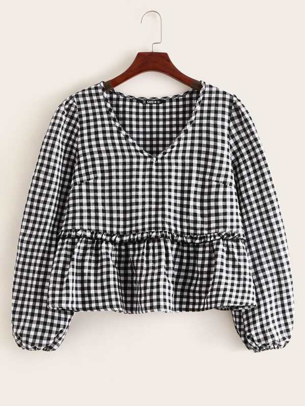 

V-neck Ruffle Hem Gingham Blouse, Black and white