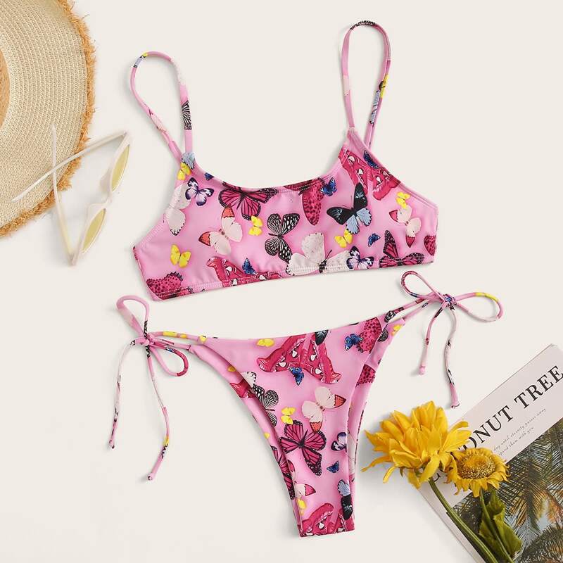 

Butterfly Print Tie Side Bikini Swimsuit, Multicolor
