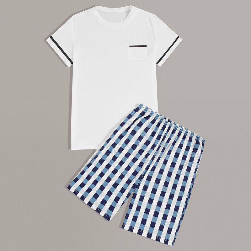 

Guys Contrast Trim Tee & Plaid Shorts PJ Sets, Multicolor