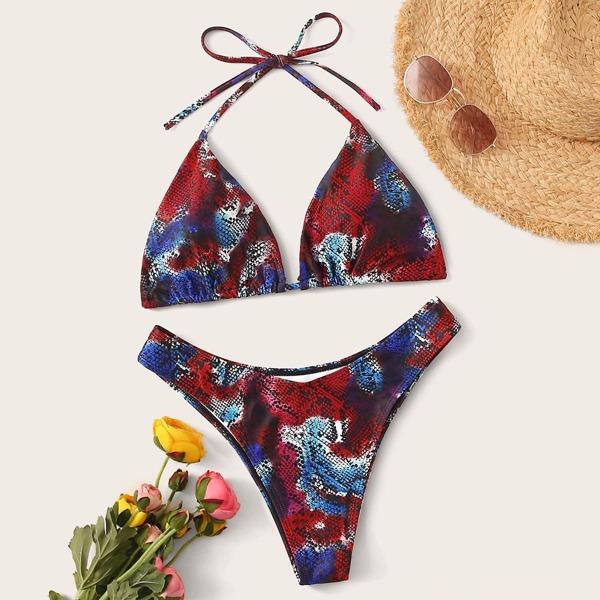 

Snakeskin Triangle Halter Bikini Set, Multicolor