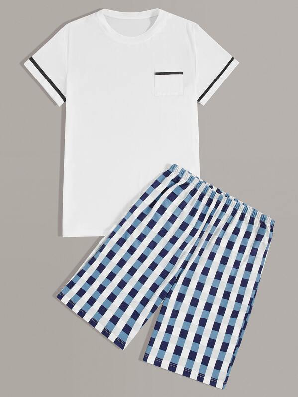 

Men Contrast Trim Tee & Plaid Shorts PJ Sets, Multicolor
