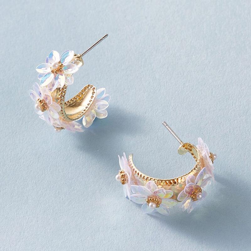

1pair Flower Decor Half Hoop Earrings, Multicolor