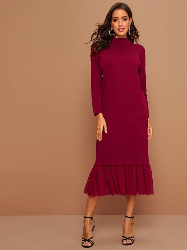 

Mesh Ruffle Hem Mock-neck Sweater Dress, Burgundy, Mary P.