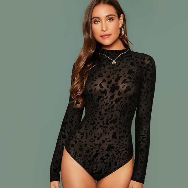 

Mock Neck Flock Mesh Bodysuit, Black