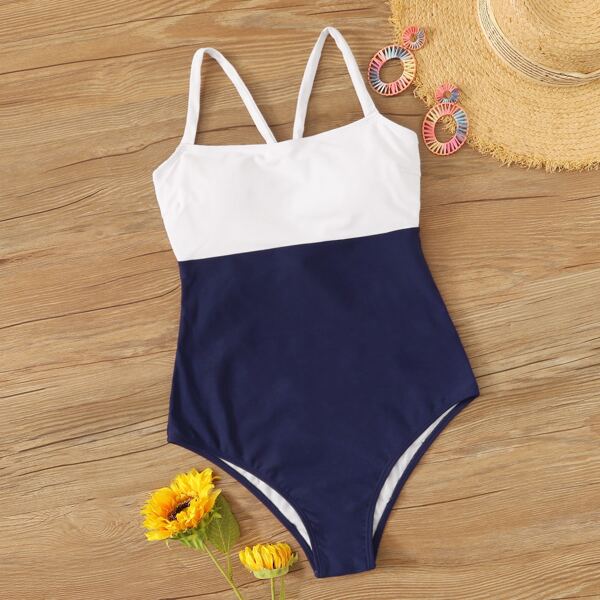 

Two Tone Lace Up Back One Piece Swimwear, Multicolor