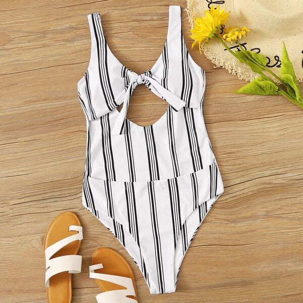 

Striped Random Knot Front One Piece Swimwear, Black and white