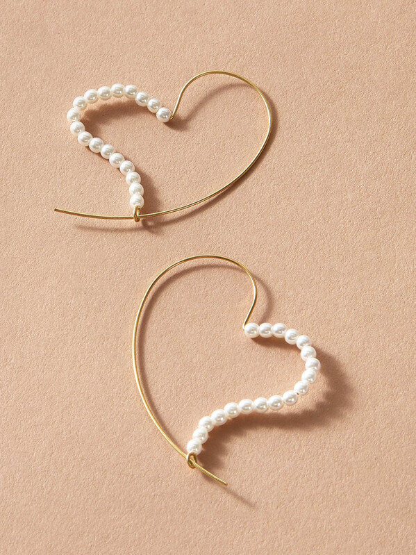 

1pair Faux Pearl Beaded Heart Earrings, Multicolor