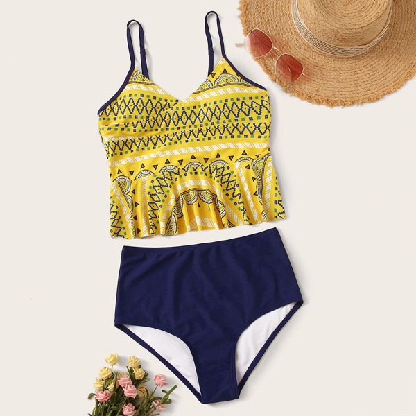 

Tribal Random Print Ruffle Hem Tankini