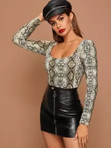 SHEIN Snakeskin Print Square Neck Skinny Bodysuit