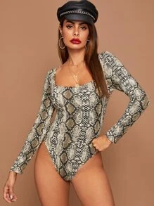 SHEIN Snakeskin Print Square Neck Skinny Bodysuit