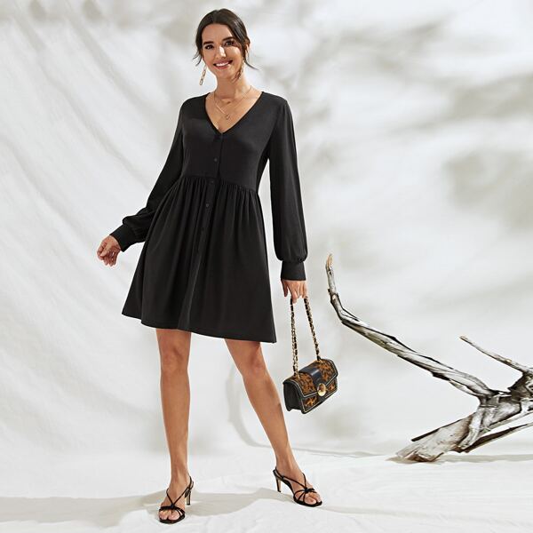 

Lantern Sleeve Button Front Smock Dress, Black