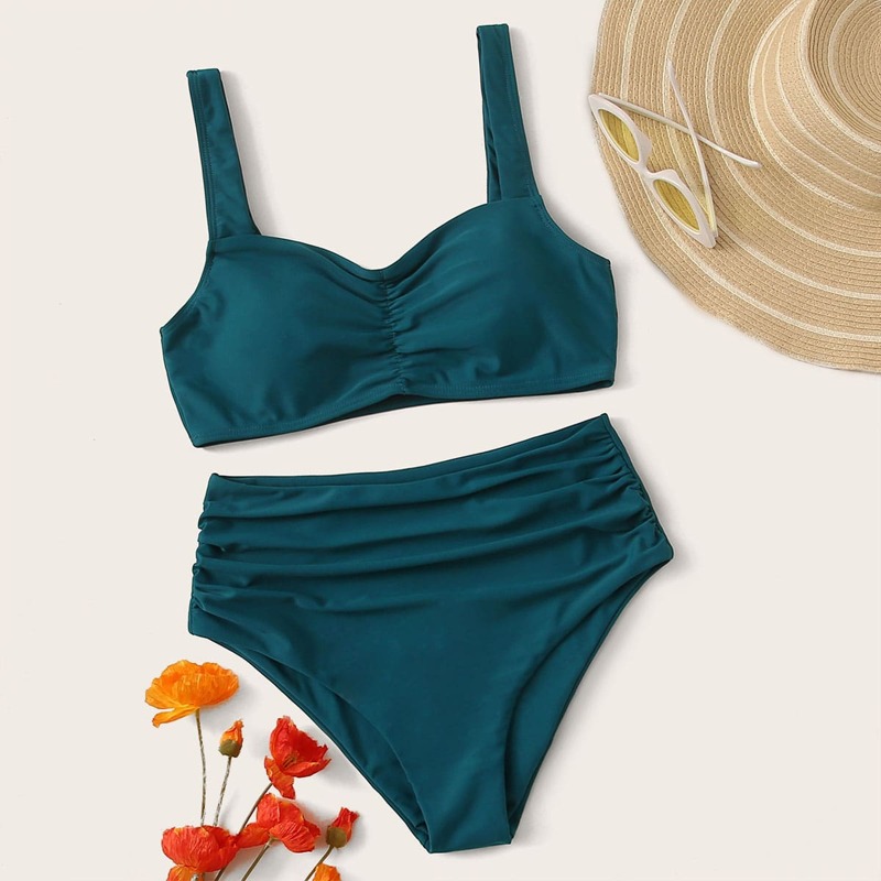 

Ruched High Waisted Bikini Swimsuit, Green