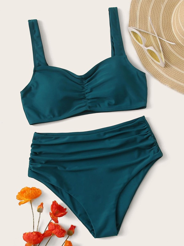 

Ruched High Waist Bikini Set, Green