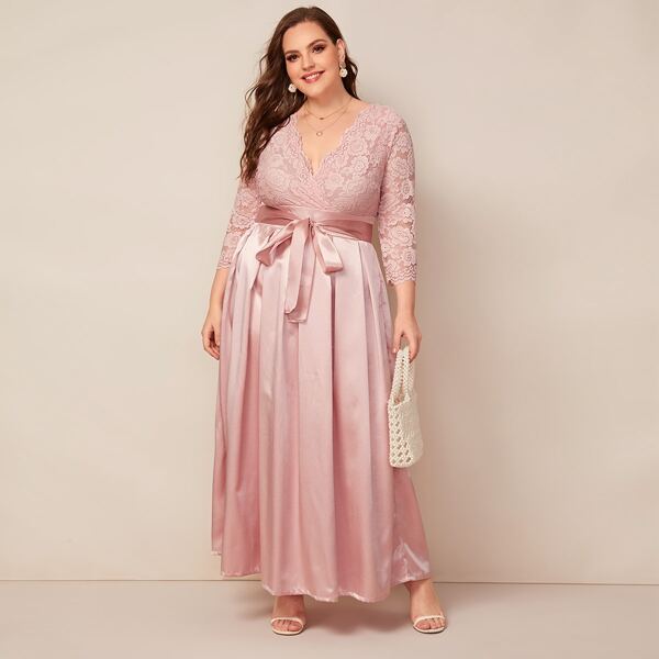 

Plus Lace Bodice Self Belted Pleated Satin Dress, Pink pastel