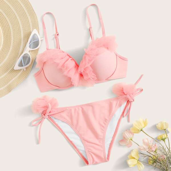 

Ruffle Trim Underwire Bikini Set, Pink