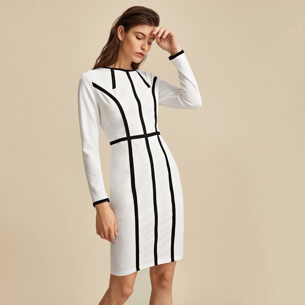 

Contrast Binding Paneled Pencil Dress, White