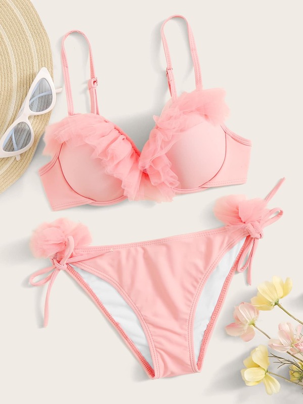 

Ruffle Trim Underwire Bikini Set, Pink
