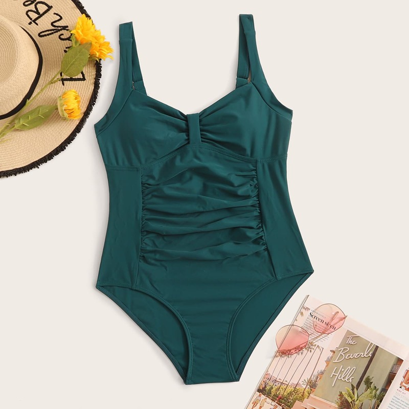 

Solid Ruched One Piece Swimwear, Green