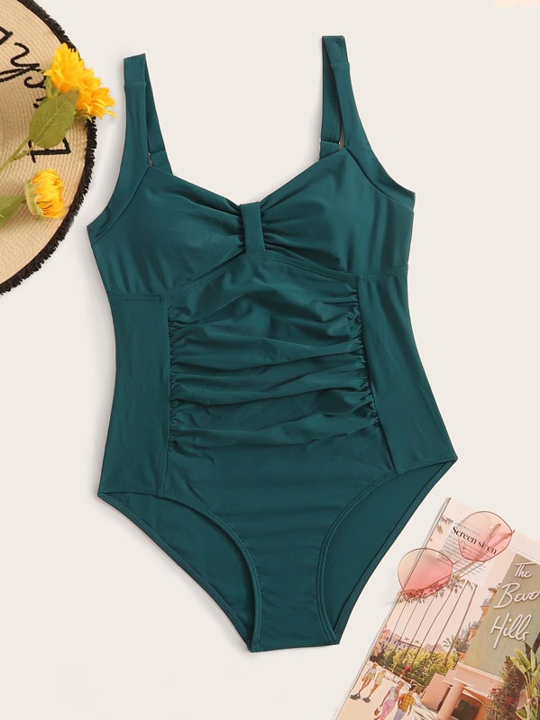 

Solid Ruched One Piece Swimwear, Green