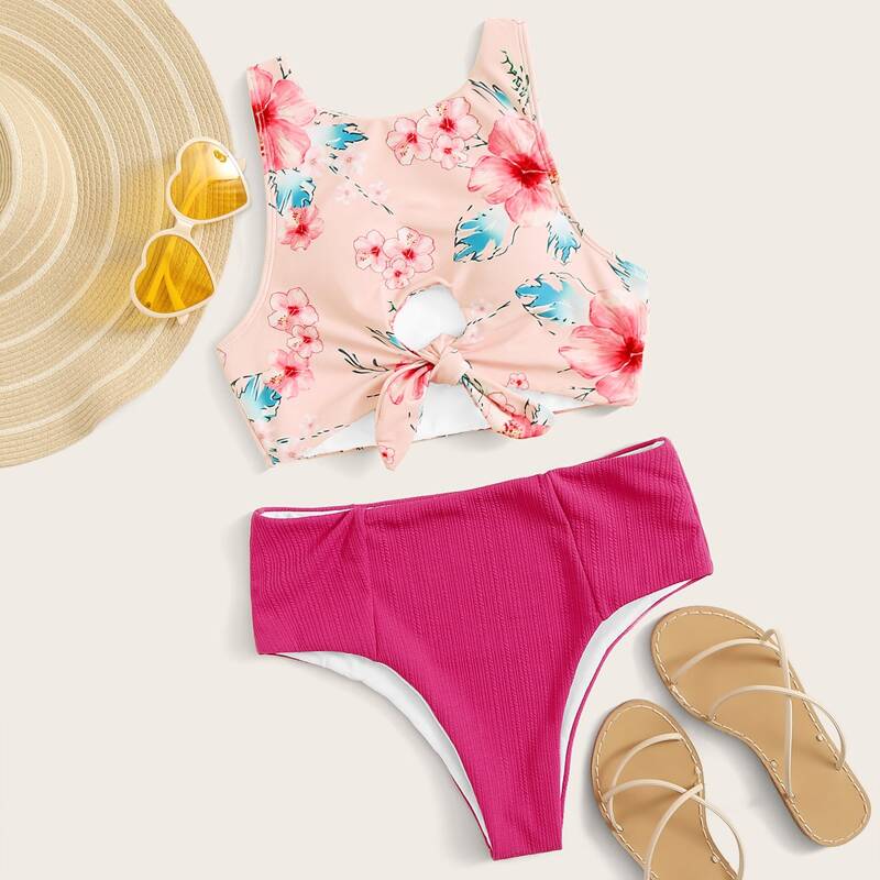 

Floral Random Print Knot Front Bikini Set, Pink