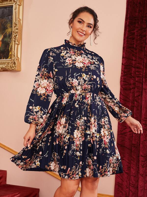 

Plus Frilled Neck Floral Print Pleated Hem Dress, Navy, Ruiz Brianna