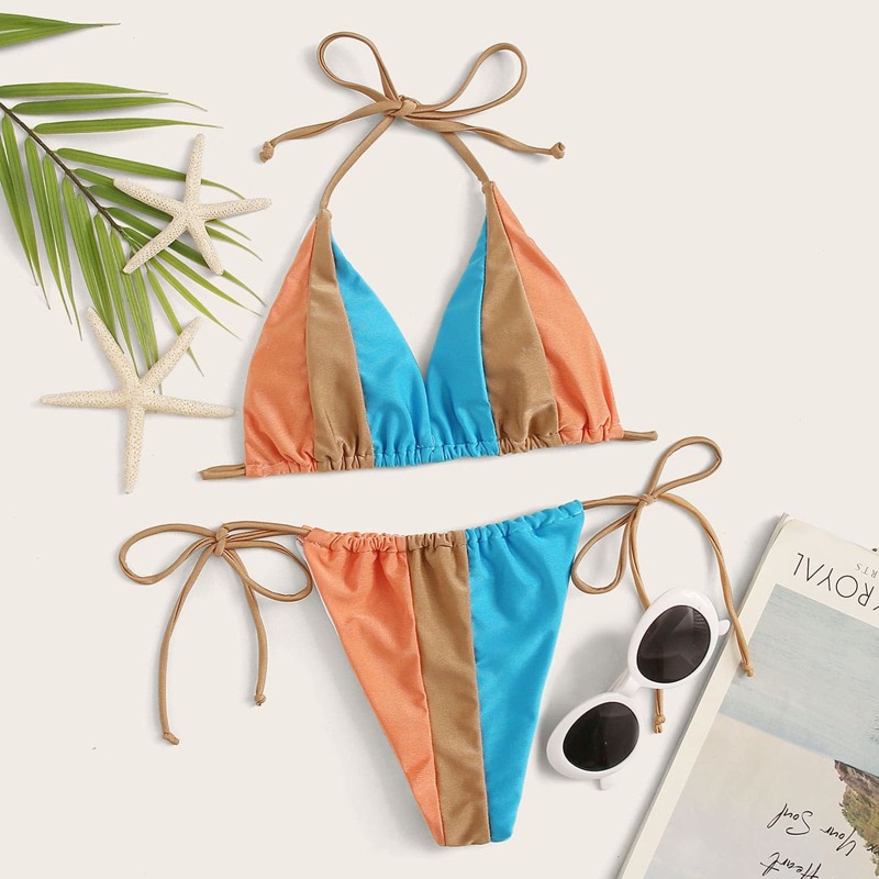 

Colorblock Halter Tie Side Bikini Swimsuit, Multicolor