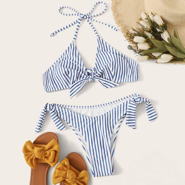 

Striped Random Knot Front Bikini Set, Multicolor