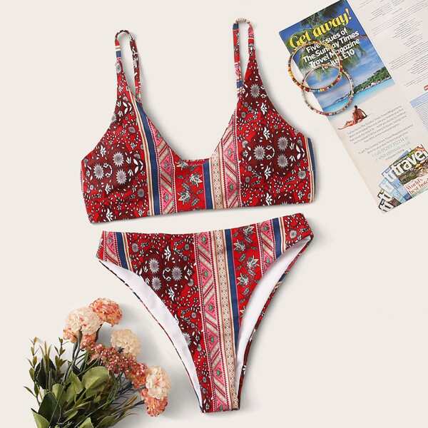 

Tribal Random Print Bikini Set, Red
