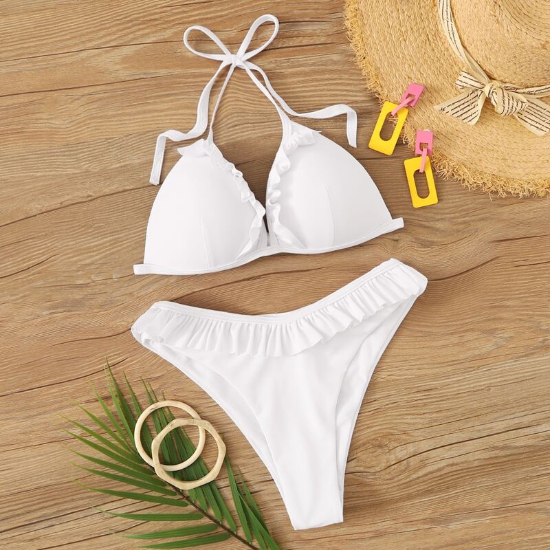 

Ruffle Trim Halter Bikini Set, White