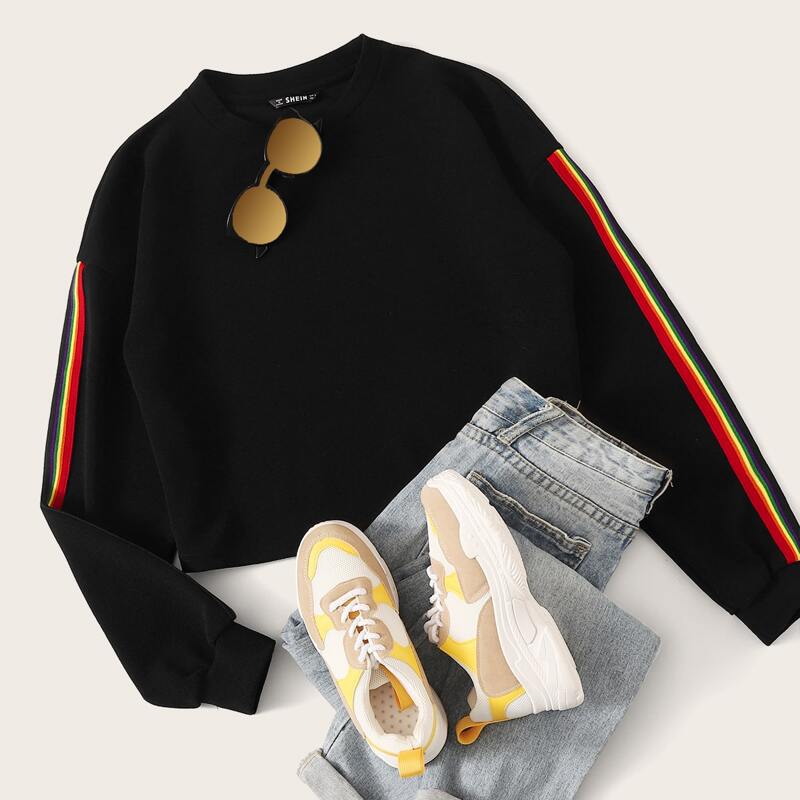 

Rainbow Striped Tape Side Pullover, Black