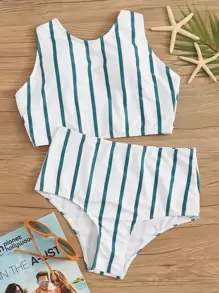 Çizgili Rastgele Baskı Bikini Seti - Çok renkli - Görünüm 1