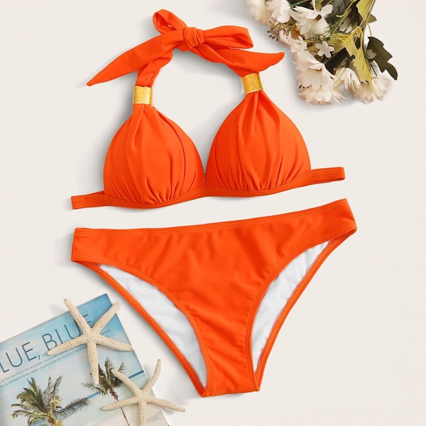 

Solid Halter Top With Cheeky Bikini Set, Orange bright