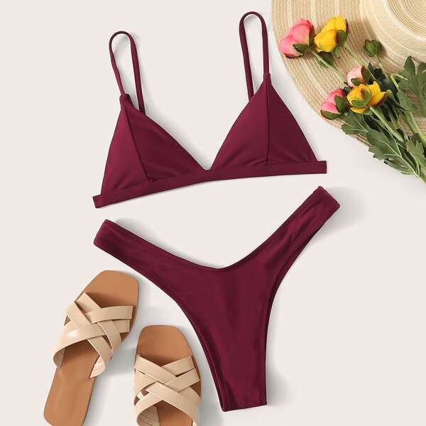

Solid Spaghetti Strap Top With High Cut Bikini Set, Burgundy