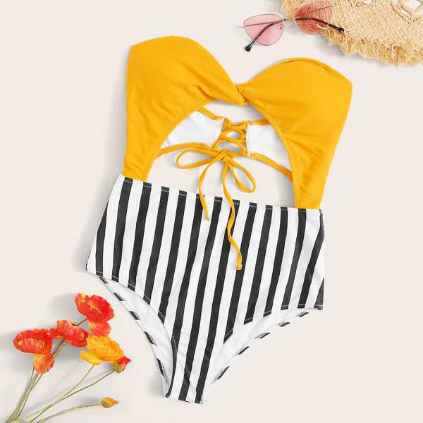 

Striped Lace Up Back One Piece Swimwear, Multicolor