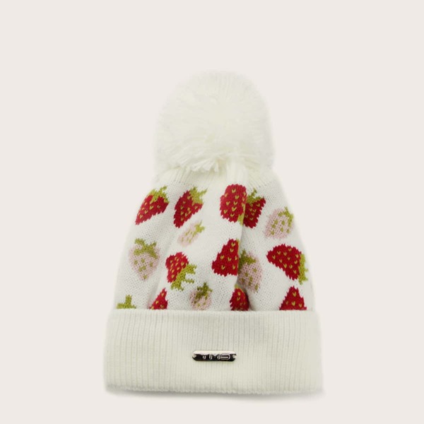 

Strawberry Pattern Pom Pom Decor Knit Beanie, Multicolor