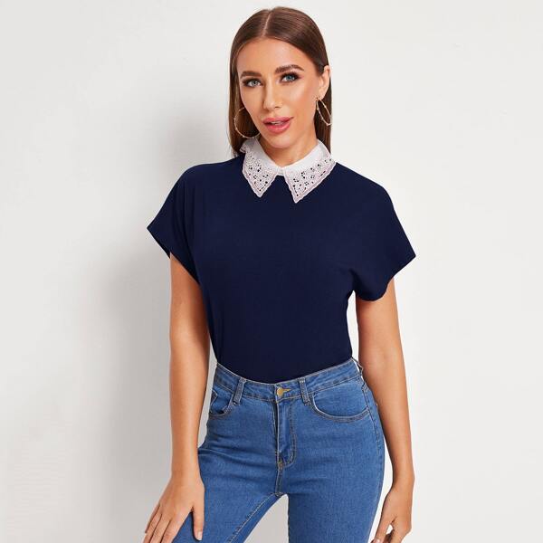 

Contrast Embroidered Organza Collar Tee, Navy