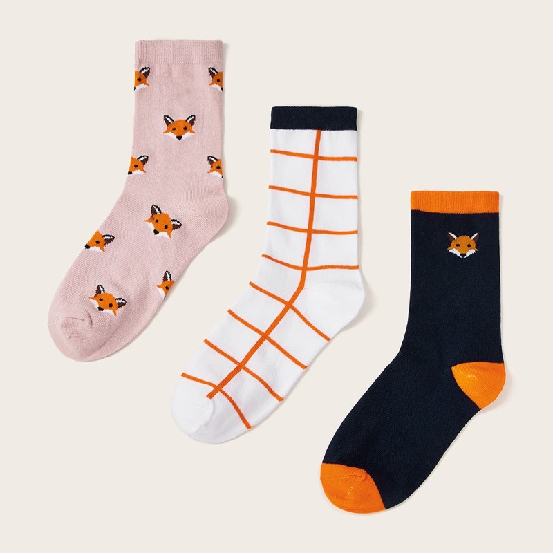 

3pairs Fox Pattern Socks, Multicolor