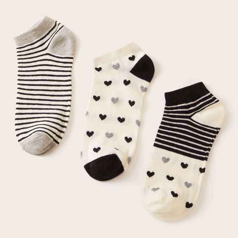 

3pairs Heart & Striped Pattern Socks, Multicolor
